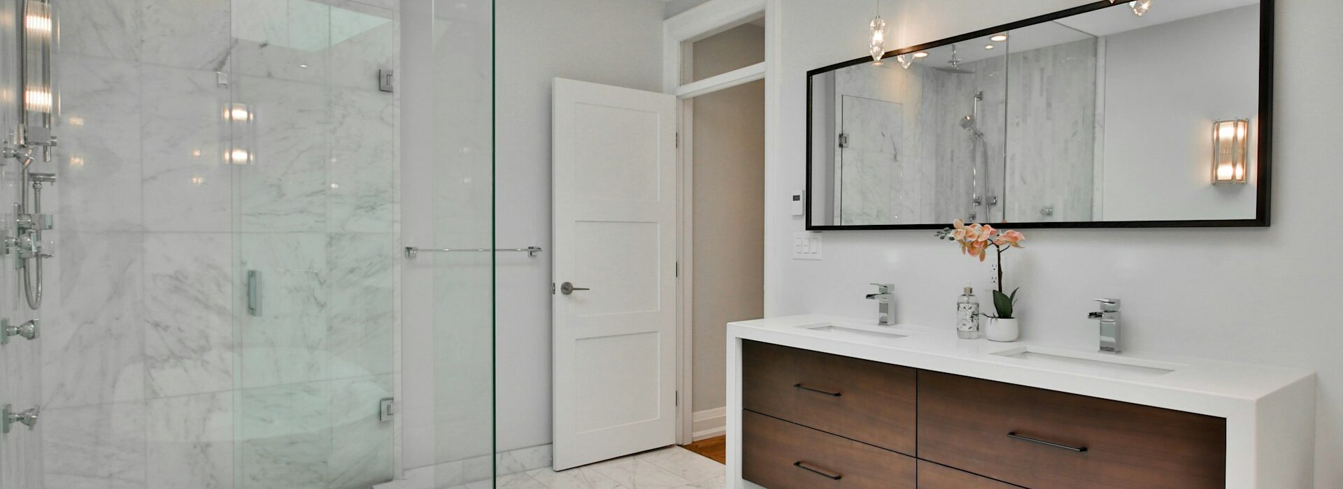 Full primary bathroom remodel with walk-in shower and double vanity, Cary NC