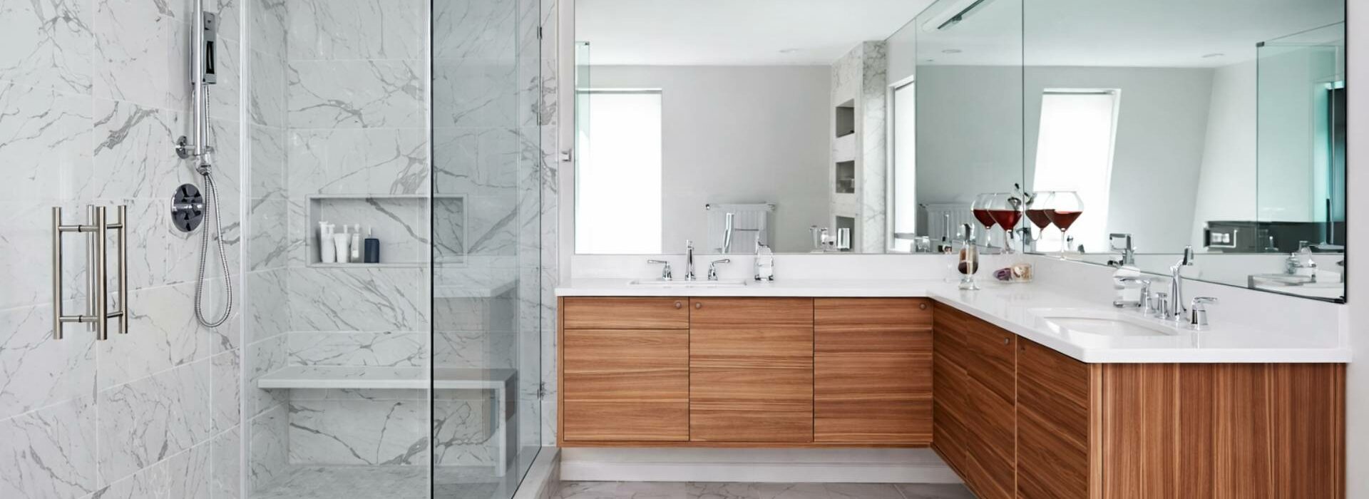 Marble walk-in shower with frameless glass, Raleigh NC