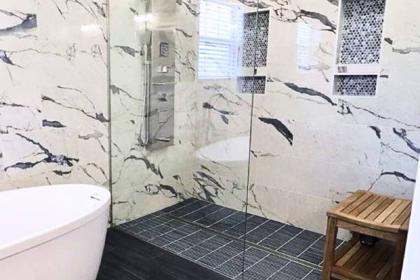 Modern bathroom remodel with freestanding tub, Apex NC